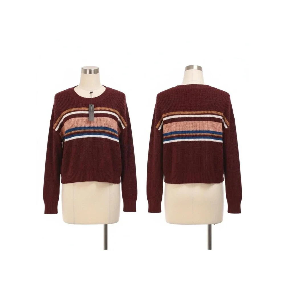 Ambiance Apparel Striped Cropped Sweater Knit Pullover Burgundy S